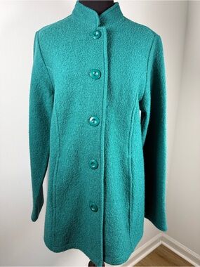 Teal Boiled Wool Coat Jacket Womens M Minimalist Button Front Boucle